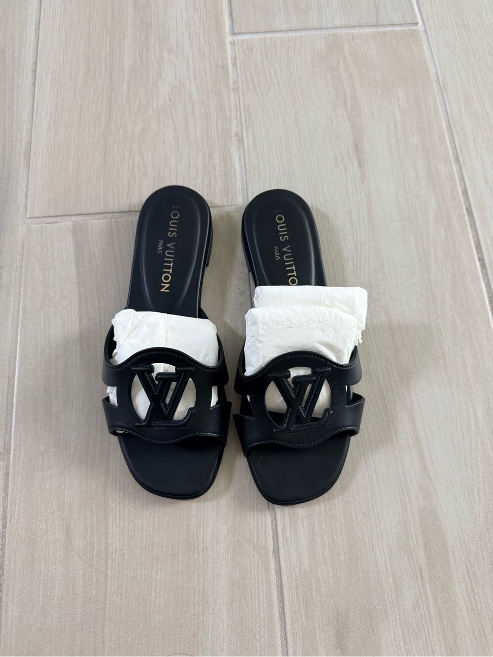 Louis Vuitton Black Leather LV Logo Slide Mules